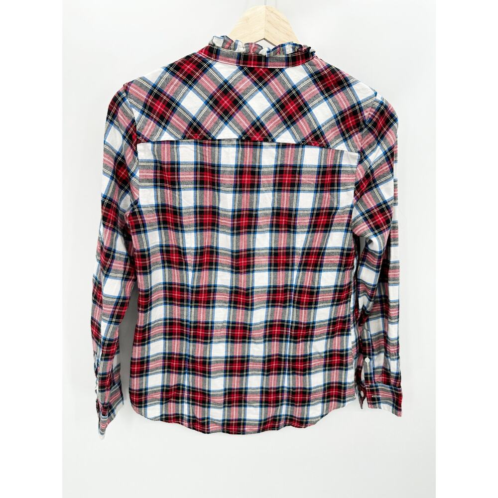 J.Crew‎ Factory Plaid Button Front Shirt Women Sz XS Ruffle Preppy Holiday Party - Picture 2 of 8